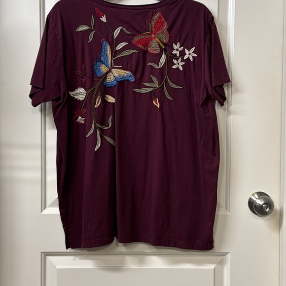Johnny Was Burgundy Short Sleeve Tee with Floral and Butterfly Design - Picture 2 of 6